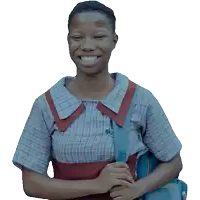 a young girl wearing a plaid shirt and a blue backpack smiles for the camera