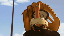 a cartoon hot dog wearing a baseball glove and a helmet