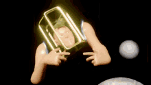 a cartoon character is wearing a gold ring around his head and pointing at it