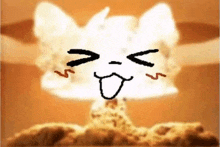 a cartoon cat is making a face in front of a nuclear explosion .