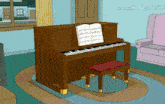 a cartoon drawing of a piano with sheet music on it