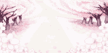 a pixel art of cherry blossom trees with petals falling from the trees