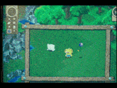 a computer screen shows a cartoon character in a field with a purple object