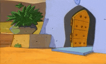 a cartoon drawing of a house with a yellow door