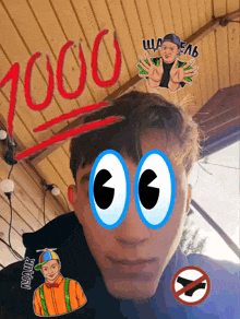 a man with stickers on his face including one that says 1000