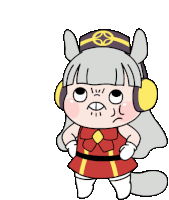 a cartoon character is wearing headphones and a red dress .