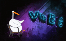 a cartoon goose sits in a chair in front of a sign that says veeg