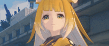 a yellow haired anime character with a building in the background and a sign that says ' pepsi ' on it