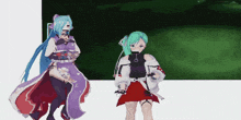 two anime characters are standing next to each other with one wearing a red skirt