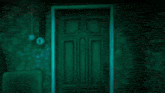 a man in a green shirt is standing in front of a door with a shadow of a man behind it .