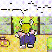 a cartoon character with horns is standing in front of a window