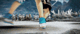 a person wearing a pair of blue shoes is walking in front of a group of people .