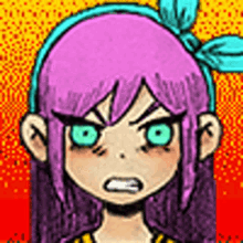 a drawing of a girl with purple hair and green eyes .