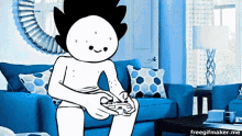 a cartoon character is sitting on a blue couch holding a game controller