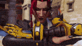 a video game character with black nails and yellow arms