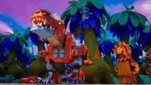 a cartoon illustration of a robotic dinosaur surrounded by palm trees