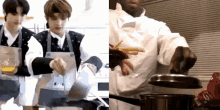 two men in aprons are cooking in a kitchen and one of them is holding a bag of ketchup