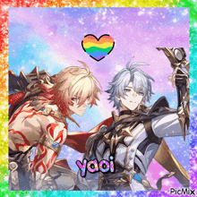 a picture of two anime characters with a rainbow heart above them and the word yaoi