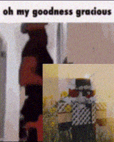 a blurred image of a person standing next to a stuffed animal with the words `` oh my goodness gracious '' below it .
