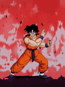 a cartoon of a man in a karate uniform standing in front of a red background