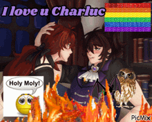 a picture of a couple with the words i love u charluc above them