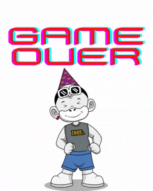 a cartoon monkey wearing a party hat and sunglasses stands in front of a game over sign