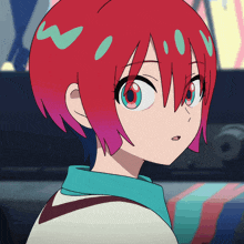 a girl with red hair and blue eyes looks to the side