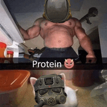 a picture of a man with a gas mask and the words protein on the bottom