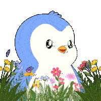 a penguin is surrounded by flowers and butterflies