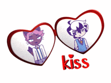 a picture of a cat and a boy with the word kiss in red
