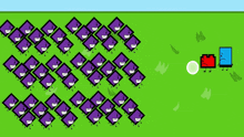 a bunch of purple squares on a green field with a red square in the background