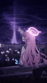 a girl with pink hair and a halo on her head stands on a balcony at night