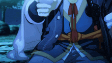 a close up of a person 's torso with buttons on it and a belt with a chinese symbol on it