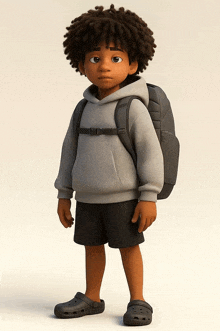 a cartoon character wearing a grey hoodie and black shorts with a backpack