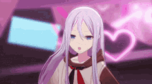 a girl with long white hair and blue eyes is standing in front of a heart .