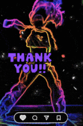 a neon sign that says thank you with a person in the background