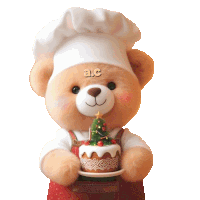 a teddy bear wearing a chef 's hat and apron holds a small christmas tree