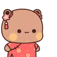 a cartoon teddy bear wearing a red dress with flowers on it .