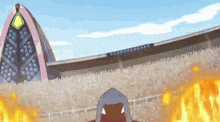 a cartoon drawing of a stadium with flames coming out of the stands