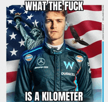 a man in a racing suit with the words what the fuck is a kilometer below him