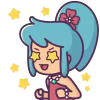 a cartoon drawing of a girl with blue hair and stars in her eyes