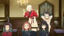 a group of anime characters are sitting in a room with a woman in a red dress