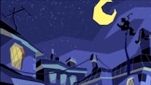 a cartoon of a witch on a broom with a moon in the background