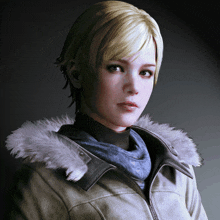 a woman with short blonde hair is wearing a fur collared jacket