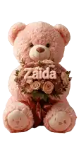 a pink teddy bear holds a bouquet of flowers with the name zaida written on it
