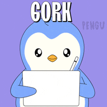 a penguin holding a tablet and a pen with the word cork above it