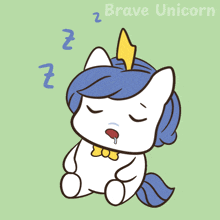 a cartoon drawing of a sleeping unicorn with the words " brave unicorn " below it