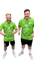 a man wearing a green jersey with the number 11 on it stands next to another man wearing a green jersey with the number 66 on it