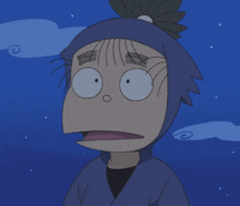 a cartoon character making a surprised face with a blue background