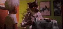 a cartoon wolf is holding a toaster next to a boy .